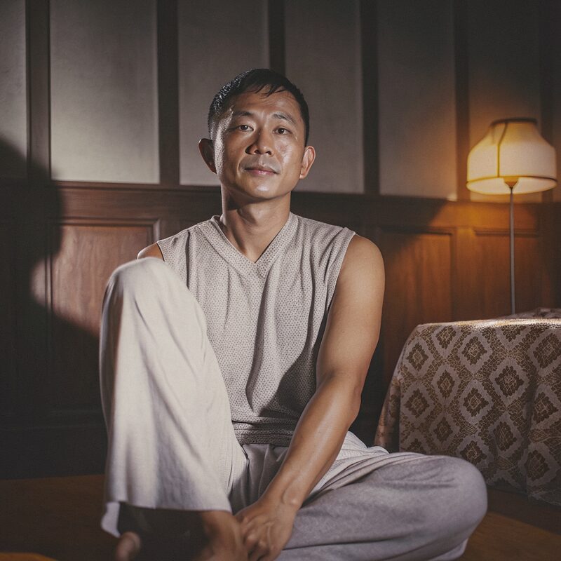 a Southeast Asian man in his early forties sitting in a daylit room after training