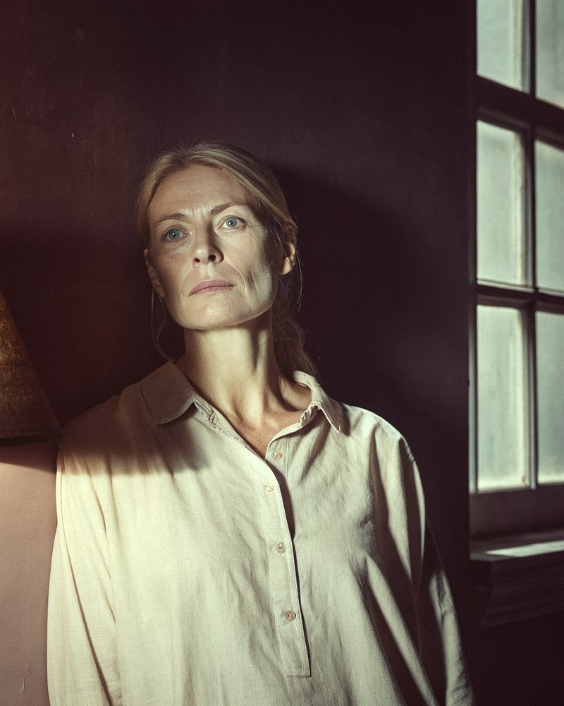 a white woman in her late forties resting on a shaded verandah in warm morning light